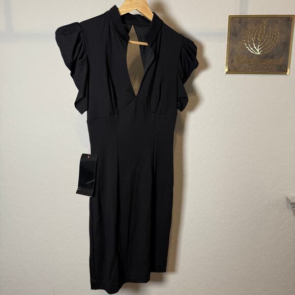 Women's Bebe Black Ruffle Sleeve Keyhole Back Sheath Dress Size XS NEW - Picture 2 of 10